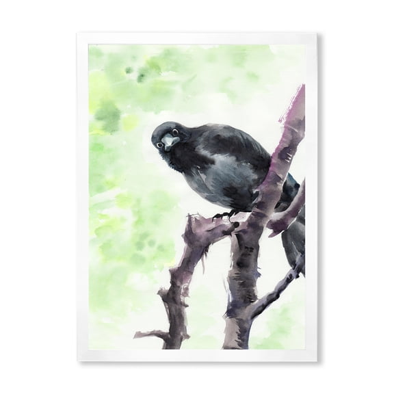 Designart 'Curious Crow Sitting On A Branch' Traditional Framed Art Print