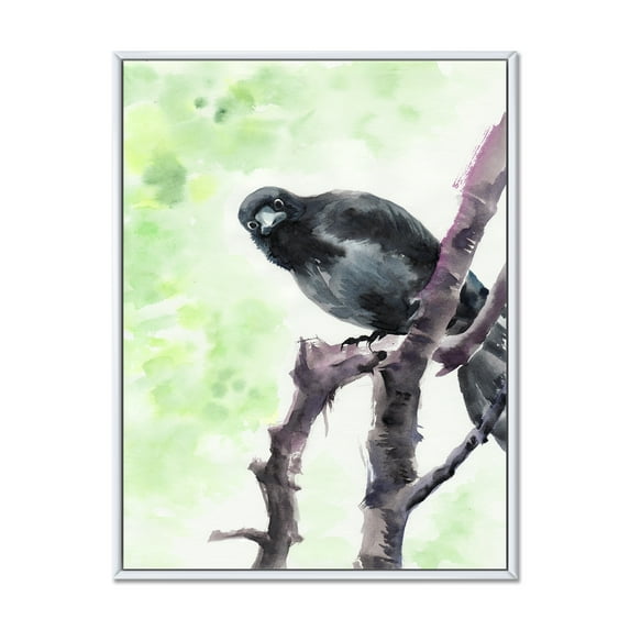 Designart 'Curious Crow Sitting On A Branch' Traditional Framed Canvas Wall Art Print