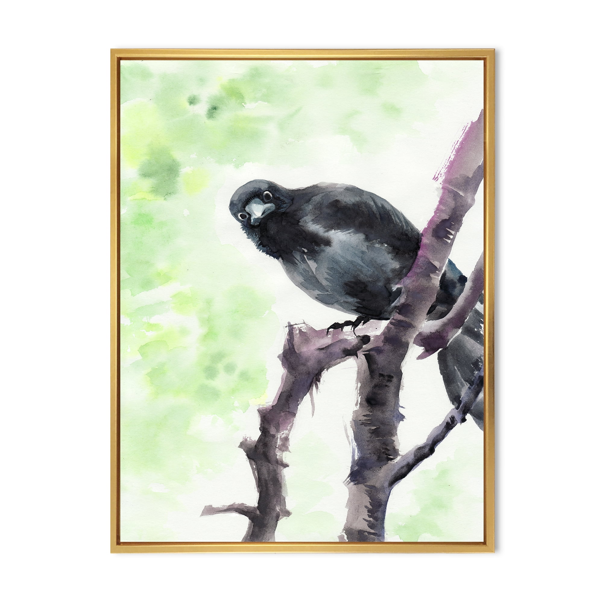 Designart 'Curious Crow Sitting On A Branch' Traditional Framed Canvas Wall Art Print