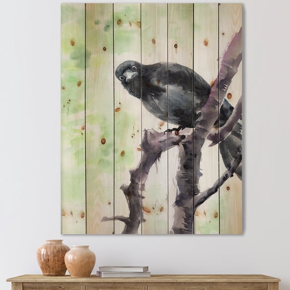 Designart 'Curious Crow Sitting On A Branch' Traditional Print on Natural Pine Wood