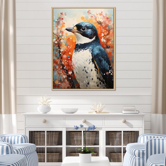 Designart "Curious Penguins Amidst Flower Scenery" Penguin Floater Framed Wall Decor