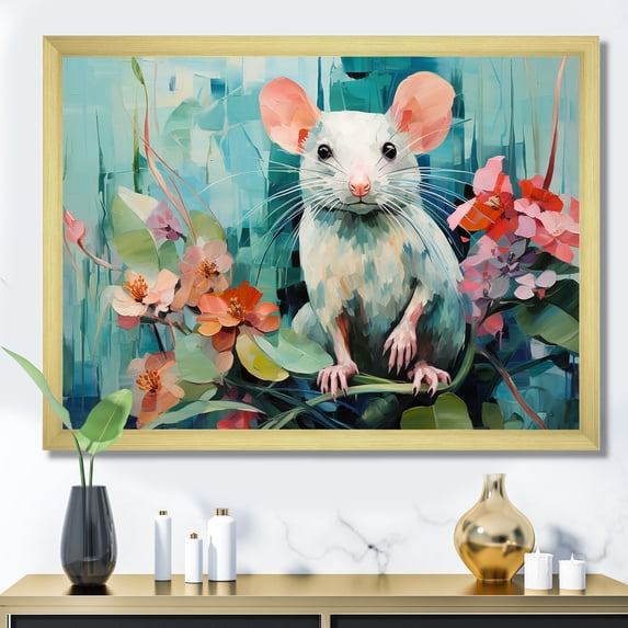 Designart "Curious Rat Amidst Green Blooms" Animals Framed Wall Art Decor - Modern Farmhouse Green Mouse Hallway Framed Wall Art Decor