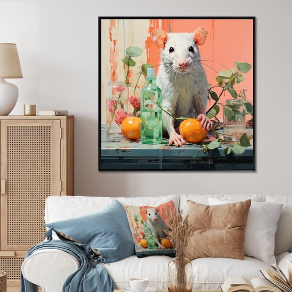 Designart "Curious Rat with Pink Fruits" Animals Framed Wall Art - Traditional Pink Mouse Living Room Framed Canvas Art