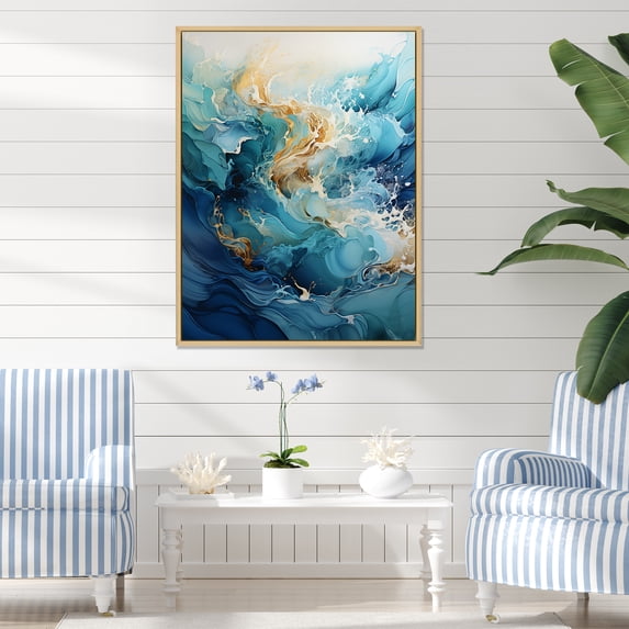 Designart "Currents Of White And Blue In The Ocean III" Ocean Floater Framed Wall Art Living Room