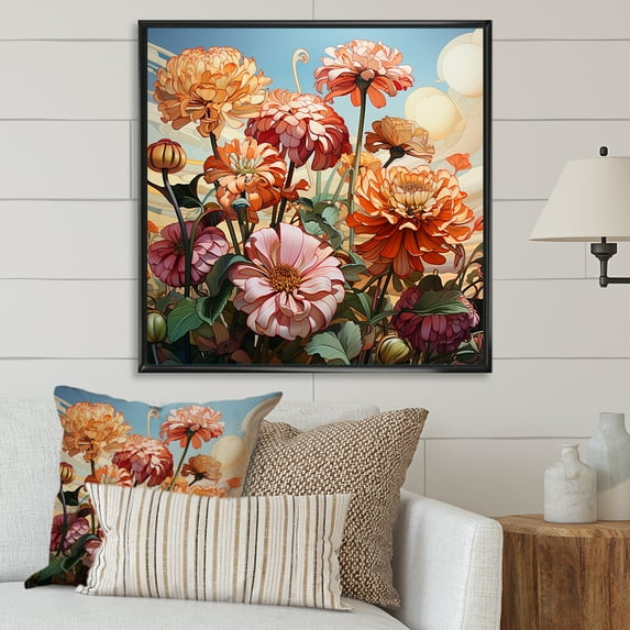 Designart "Curvaceous Zinnias" Zinnias Floater Framed Canvas Art Print