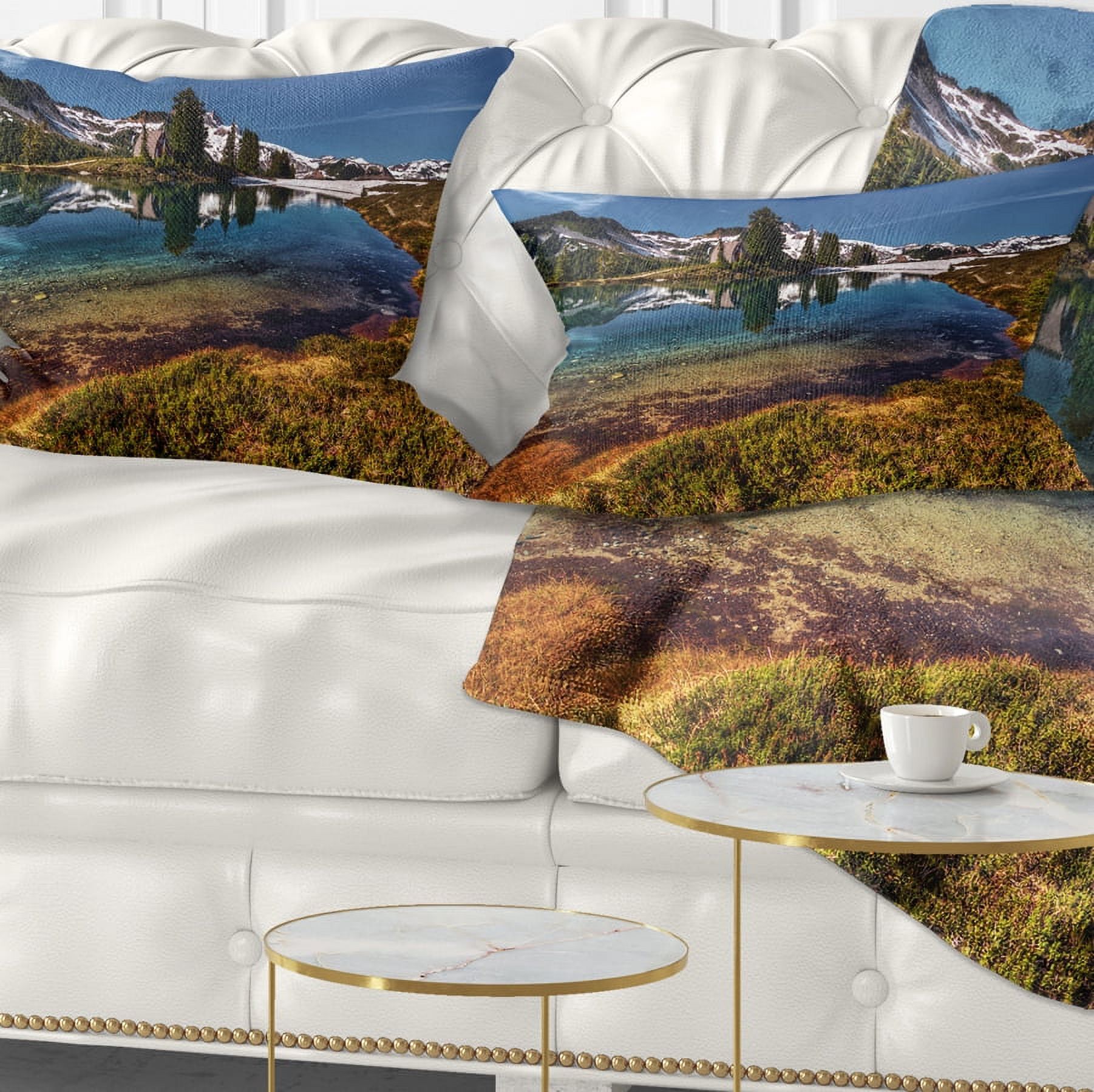 Designart Curving Mountain Lake Shore - Landscape Printed Throw Pillow - 12x20