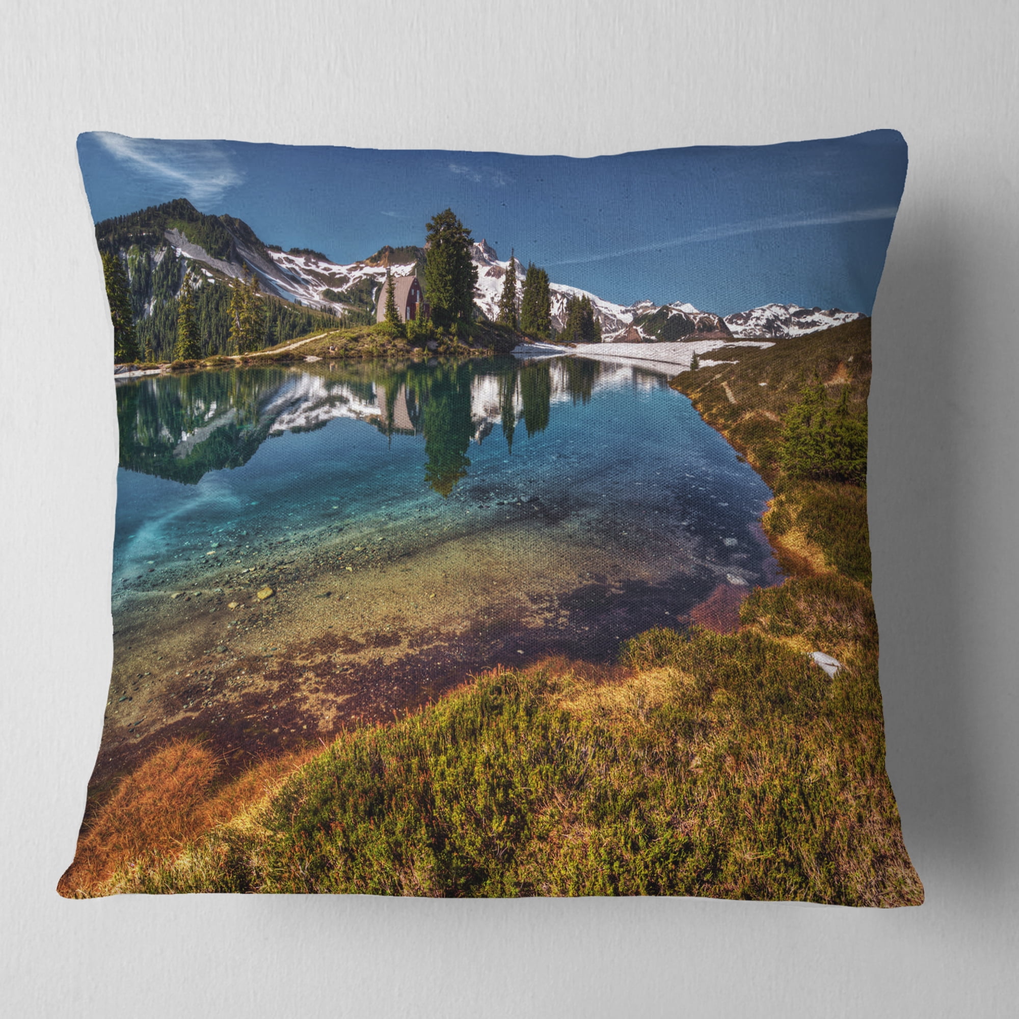 Designart Curving Mountain Lake Shore - Landscape Printed Throw Pillow - 18x18