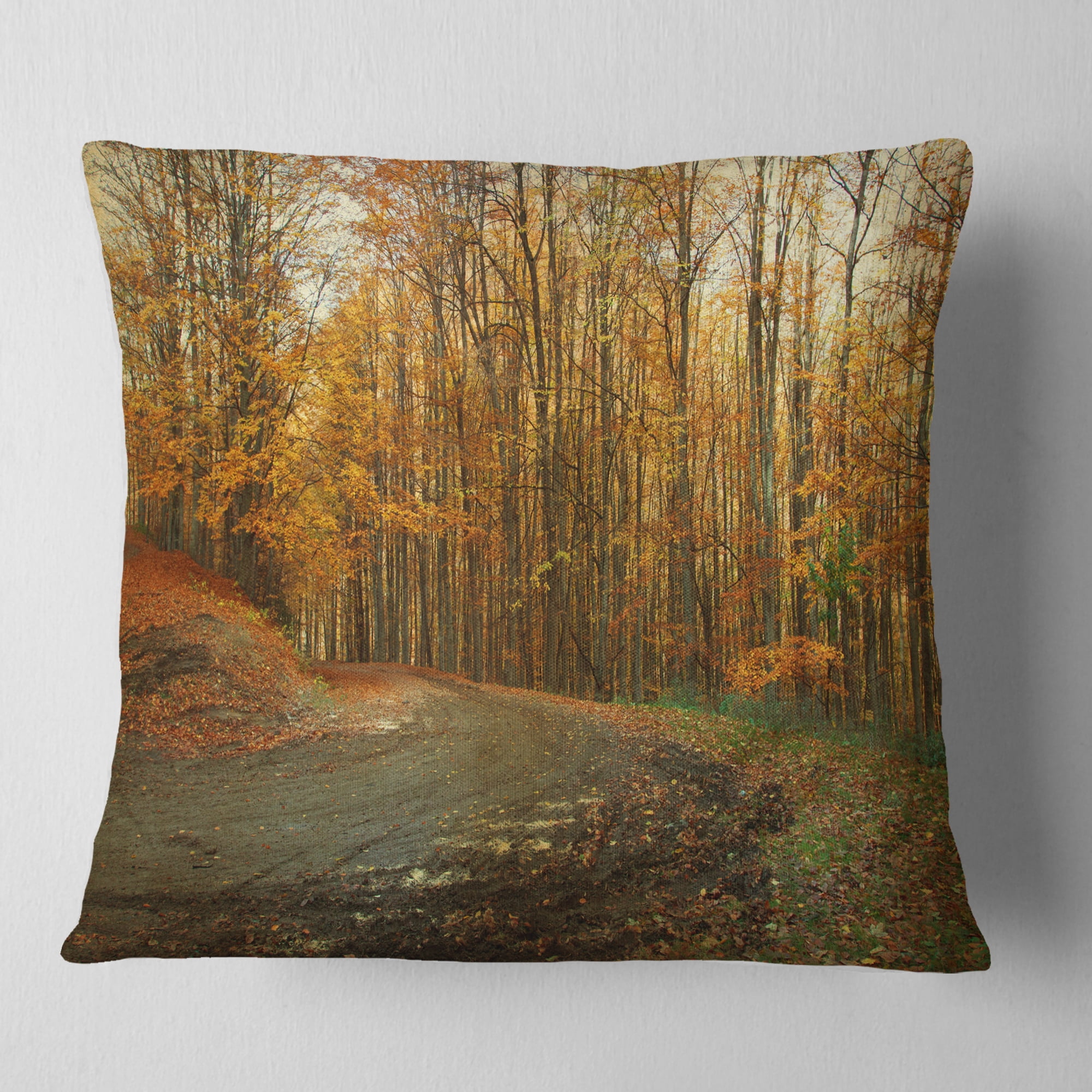 Designart Curving Road in Autumn Forest - Forest Throw Pillow - 18x18