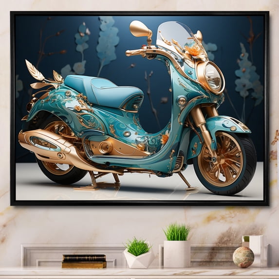Designart "Custom Cruiser Turquoise Gold Scooter I" Transportation Floater Framed Canvas Wall Art