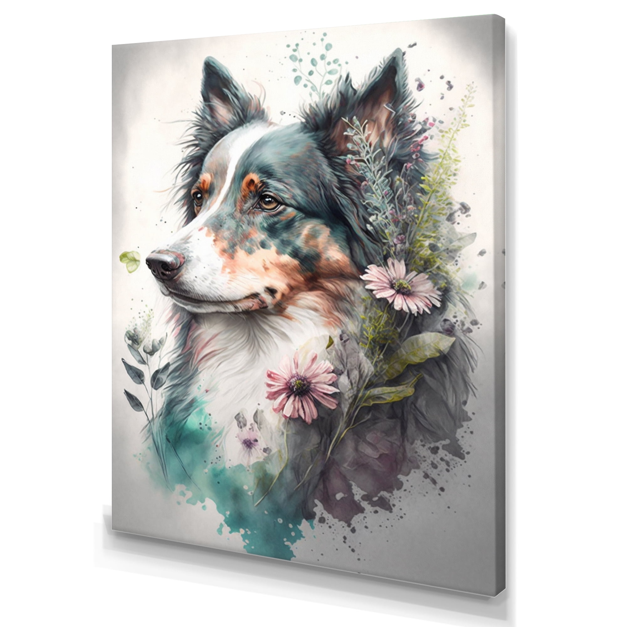 Designart Cute Australian Shepard Floral Art Canvas Wall Art