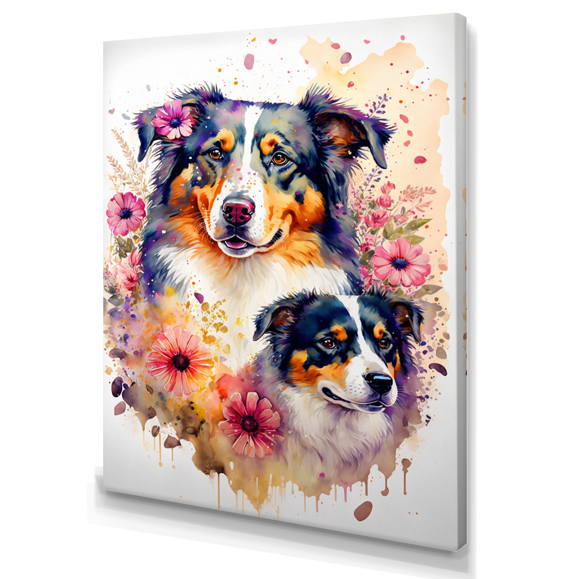 Designart Cute Australian Shepherds Floral Art I Canvas Wall Art