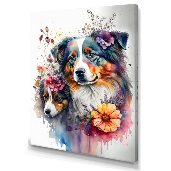 Designart Cute Australian Shepherds Floral Art II Canvas Wall Art