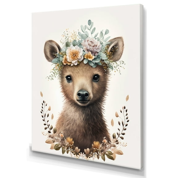Designart Cute Baby Bear With Floral Crown I Canvas Wall Art