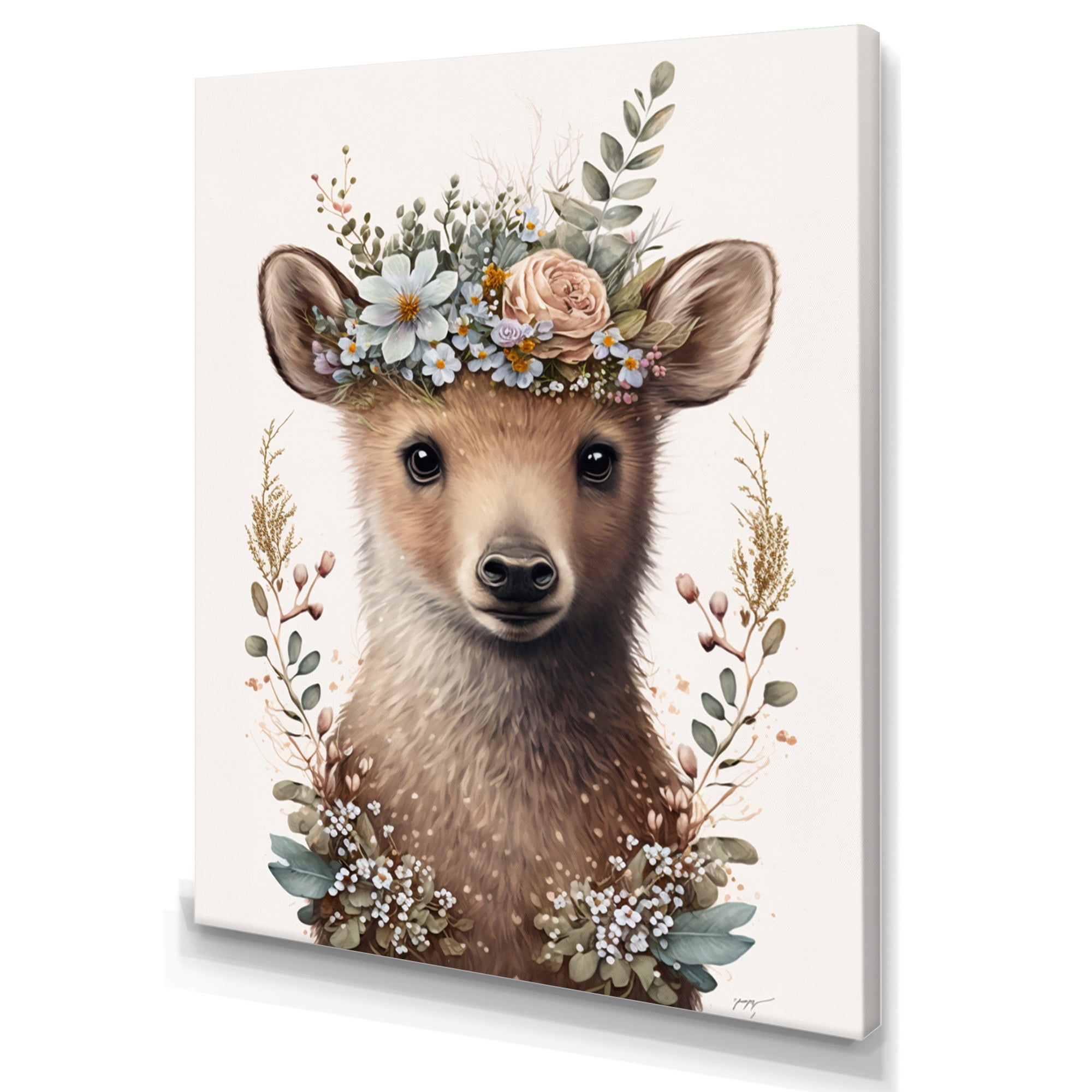 Designart Cute Baby Bear With Floral Crown II Canvas Wall Art