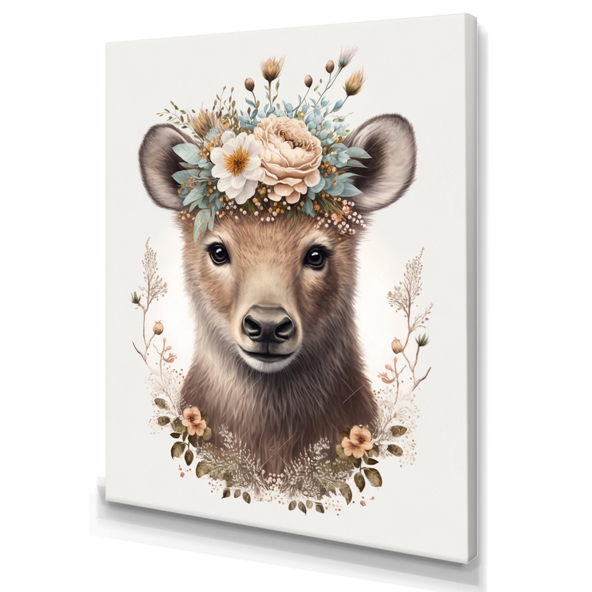 Designart Cute Baby Bear With Floral Crown III Canvas Wall Art