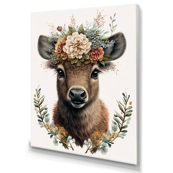 Designart Cute Baby Bison With Floral Crown Canvas Wall Art