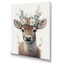 Designart Cute Baby Bull With Floral Crown Canvas Wall Art