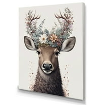 Designart Cute Baby Caribou With Floral Crown II Canvas Wall Art
