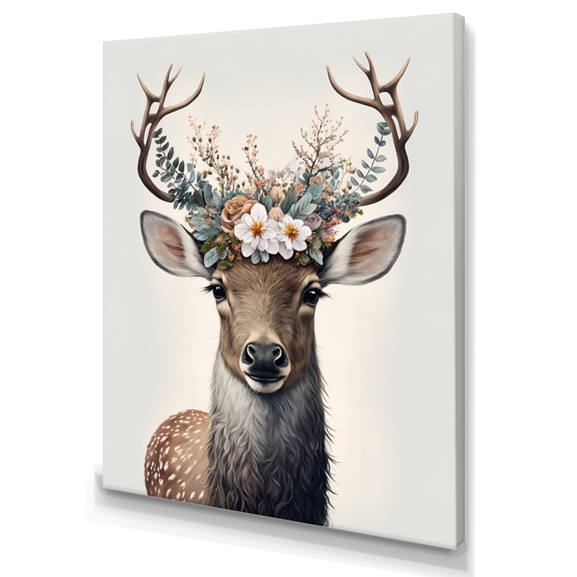 Designart Cute Baby Caribou With Floral Crown III Canvas Wall Art