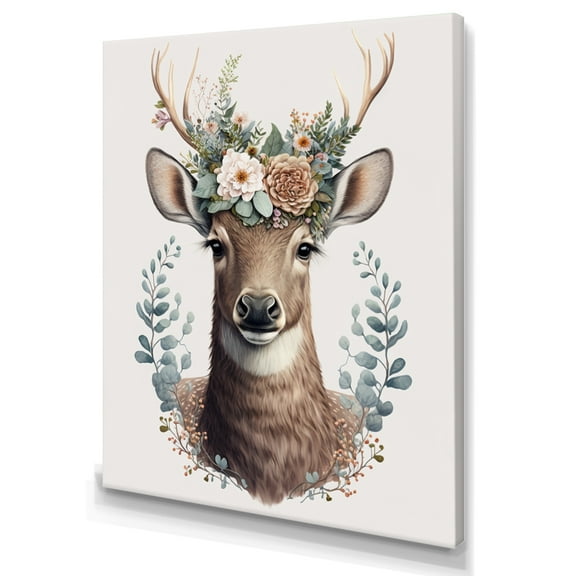 Designart Cute Baby Caribou With Floral Crown V Canvas Wall Art
