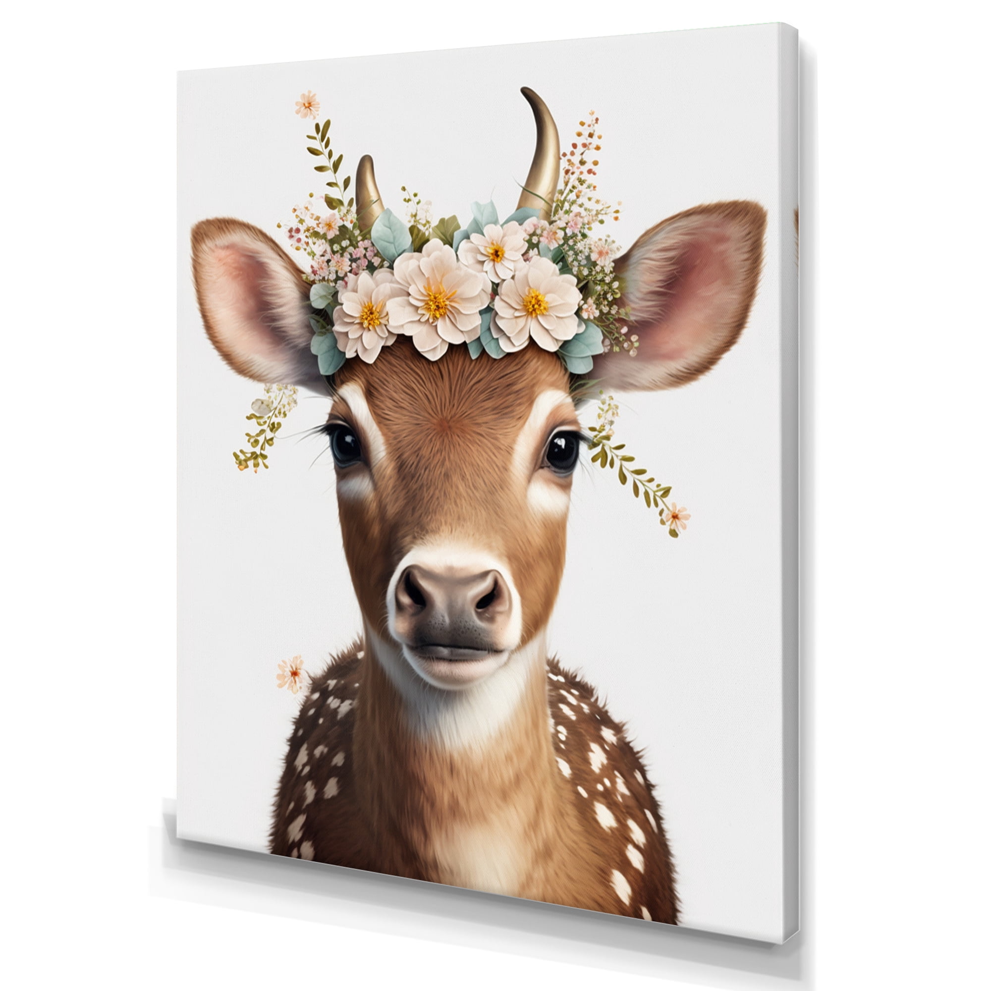 Designart Cute Baby Cow With Floral Crown I Canvas Wall Art
