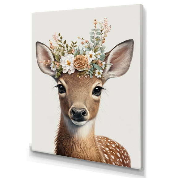 Designart Cute Baby Deer With Floral Crown I Canvas Wall Art