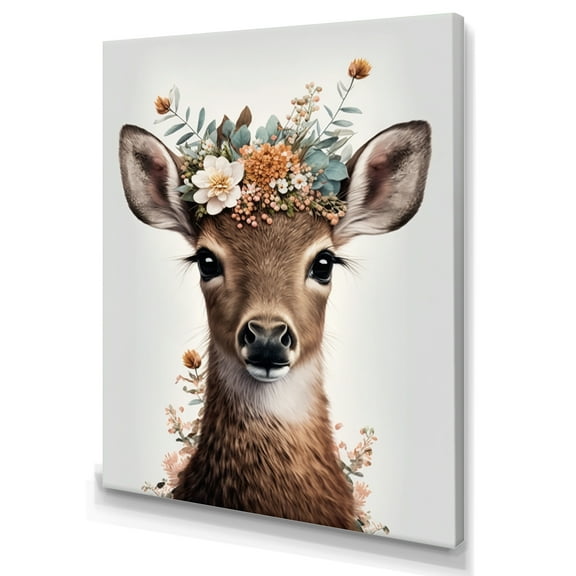 Designart Cute Baby Deer With Floral Crown II Canvas Wall Art