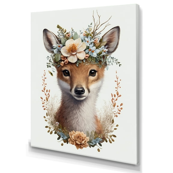 Designart Cute Baby Fox With Floral Crown I Canvas Wall Art