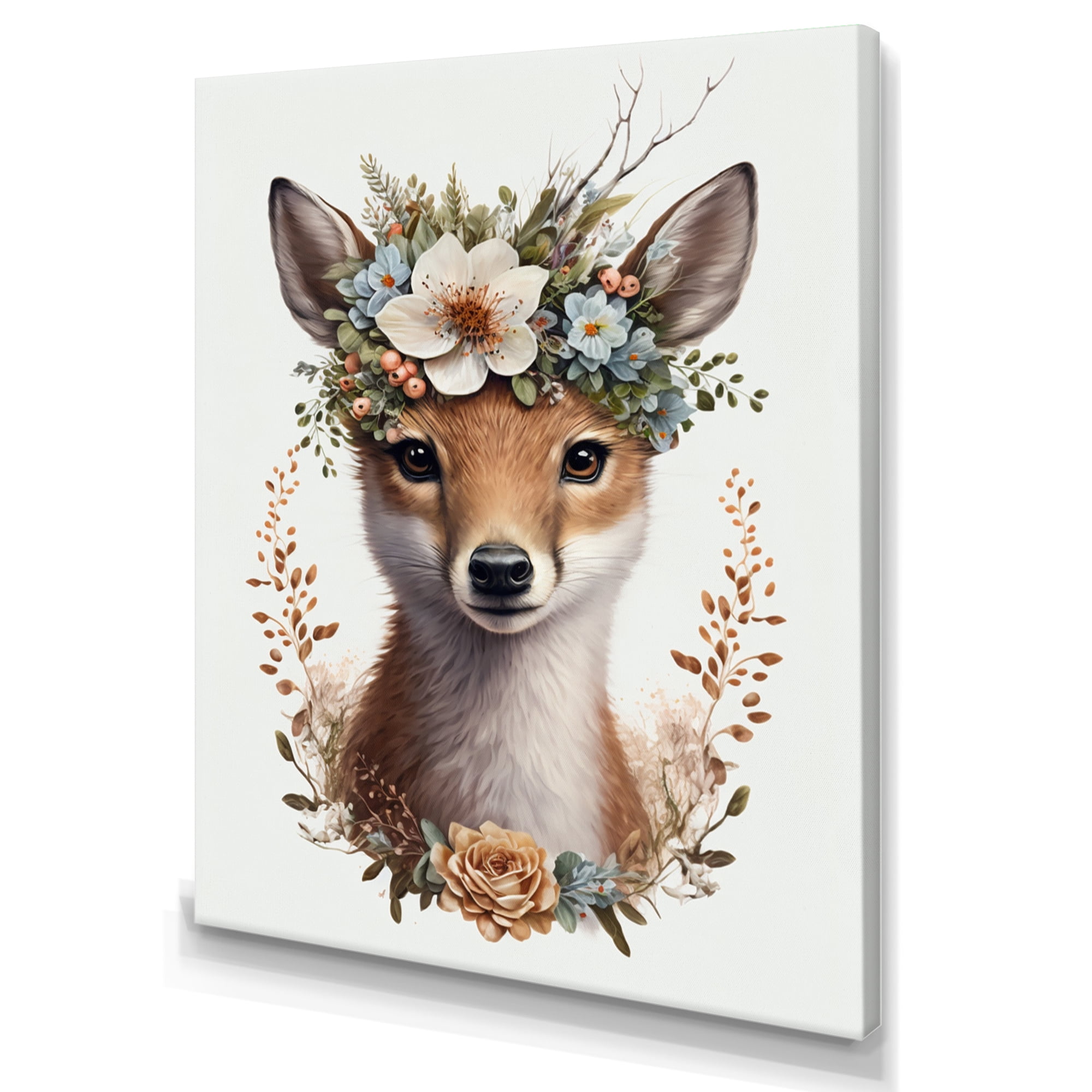 Designart Cute Baby Fox With Floral Crown II Canvas Wall Art