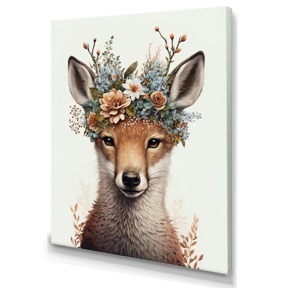 Designart Cute Baby Fox With Floral Crown V Canvas Wall Art