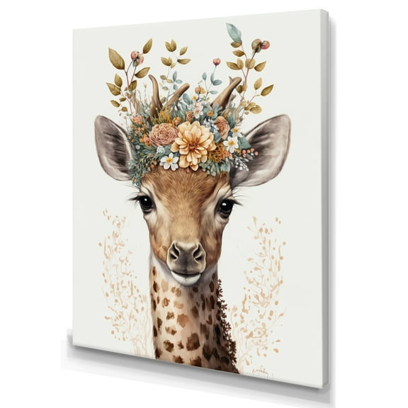 Designart Cute Baby Giraffe With Floral Crown II Canvas Wall Art