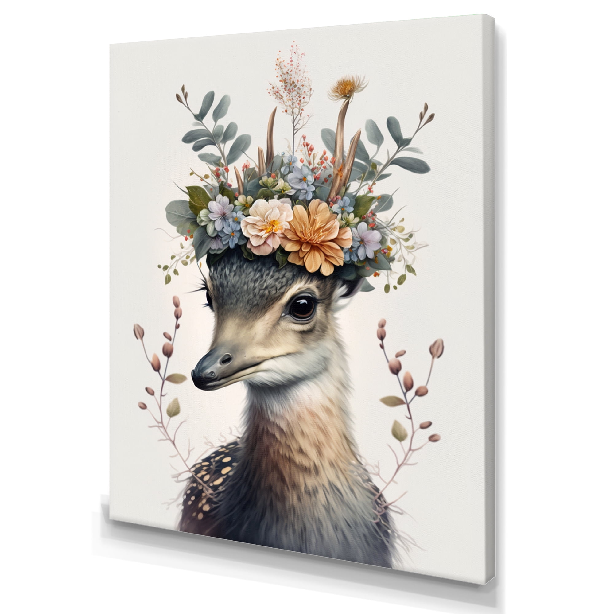 Designart Cute Baby Heron With Floral Crown Canvas Wall Art