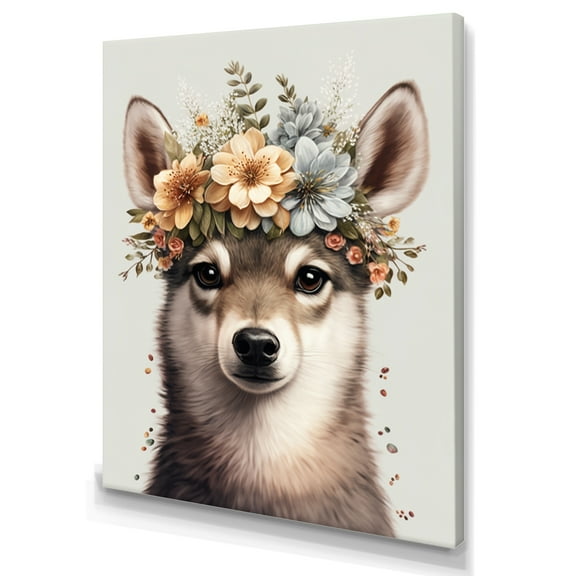 Designart Cute Baby Huskie With Floral Crown Canvas Wall Art