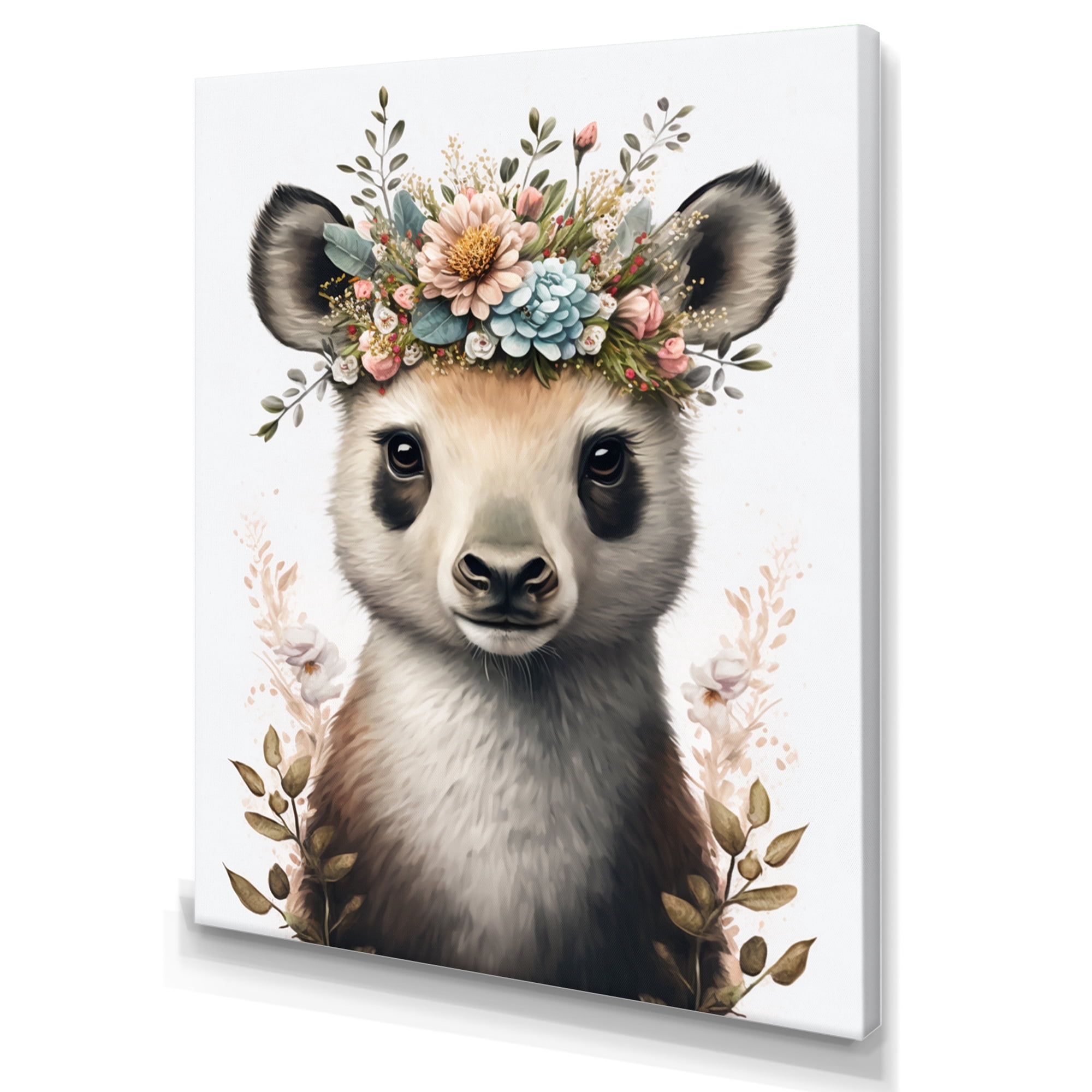 Designart Cute Baby Panda With Floral Crown I Canvas Wall Art