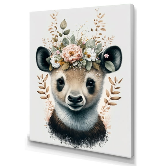 Designart Cute Baby Panda With Floral Crown II Canvas Wall Art