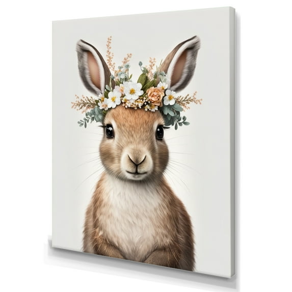 Designart Cute Baby Rabbit With Floral Crown II Canvas Wall Art