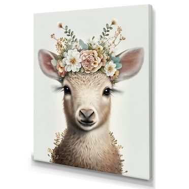 Designart Cute Baby Sheep With Floral Crown Canvas Wall Art