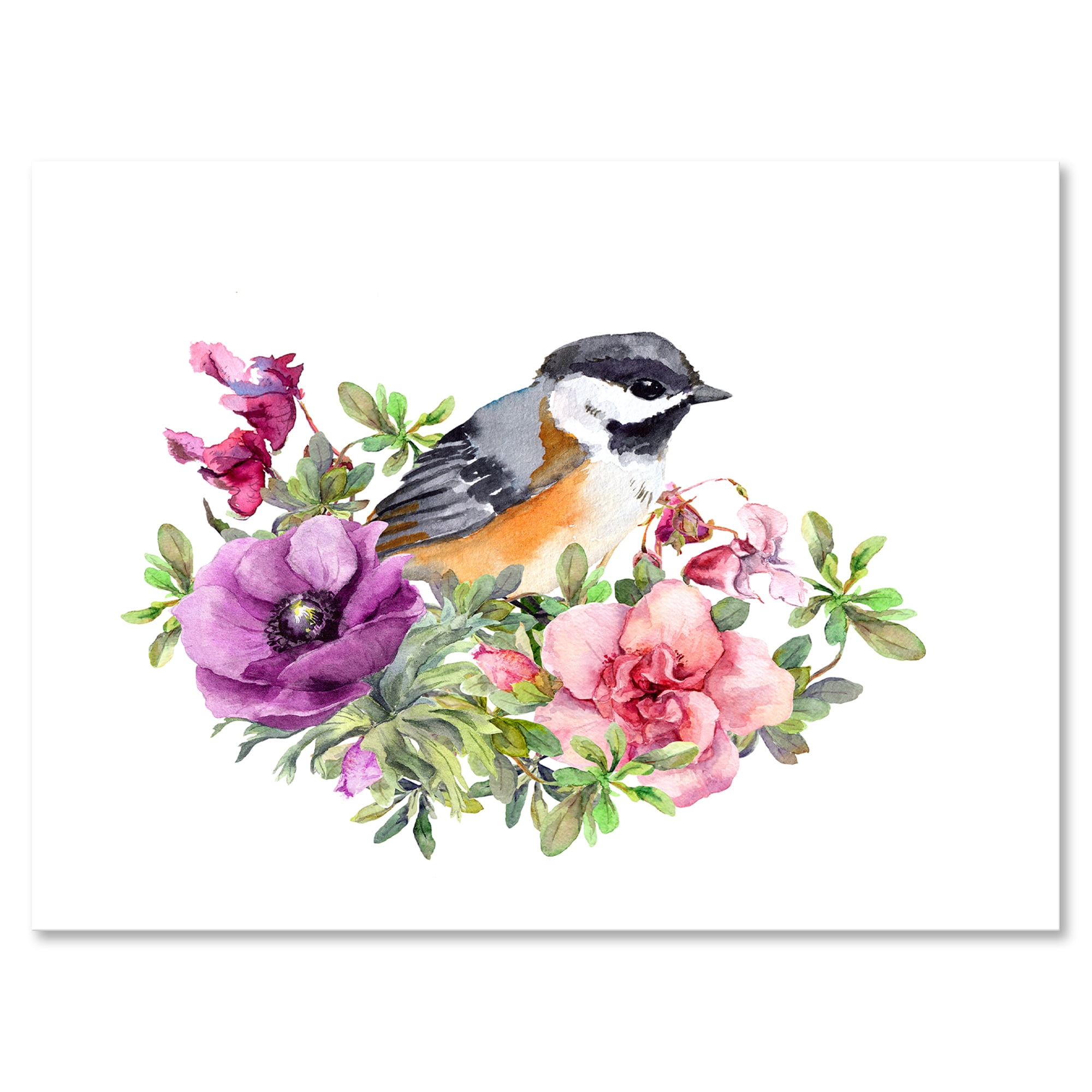 Designart ' Cute Bird In Purple and Pink Flowers ' Traditional Canvas Wall Art Print