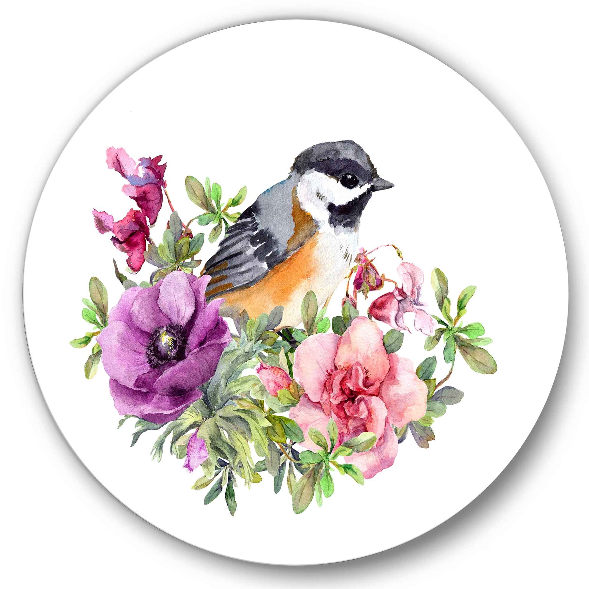 Designart 'Cute Bird In Purple and Pink Flowers' Traditional Circle Metal Wall Art 11x11 - Disc of 11