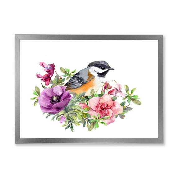 Designart 'Cute Bird In Purple and Pink Flowers' Traditional Framed Art Print