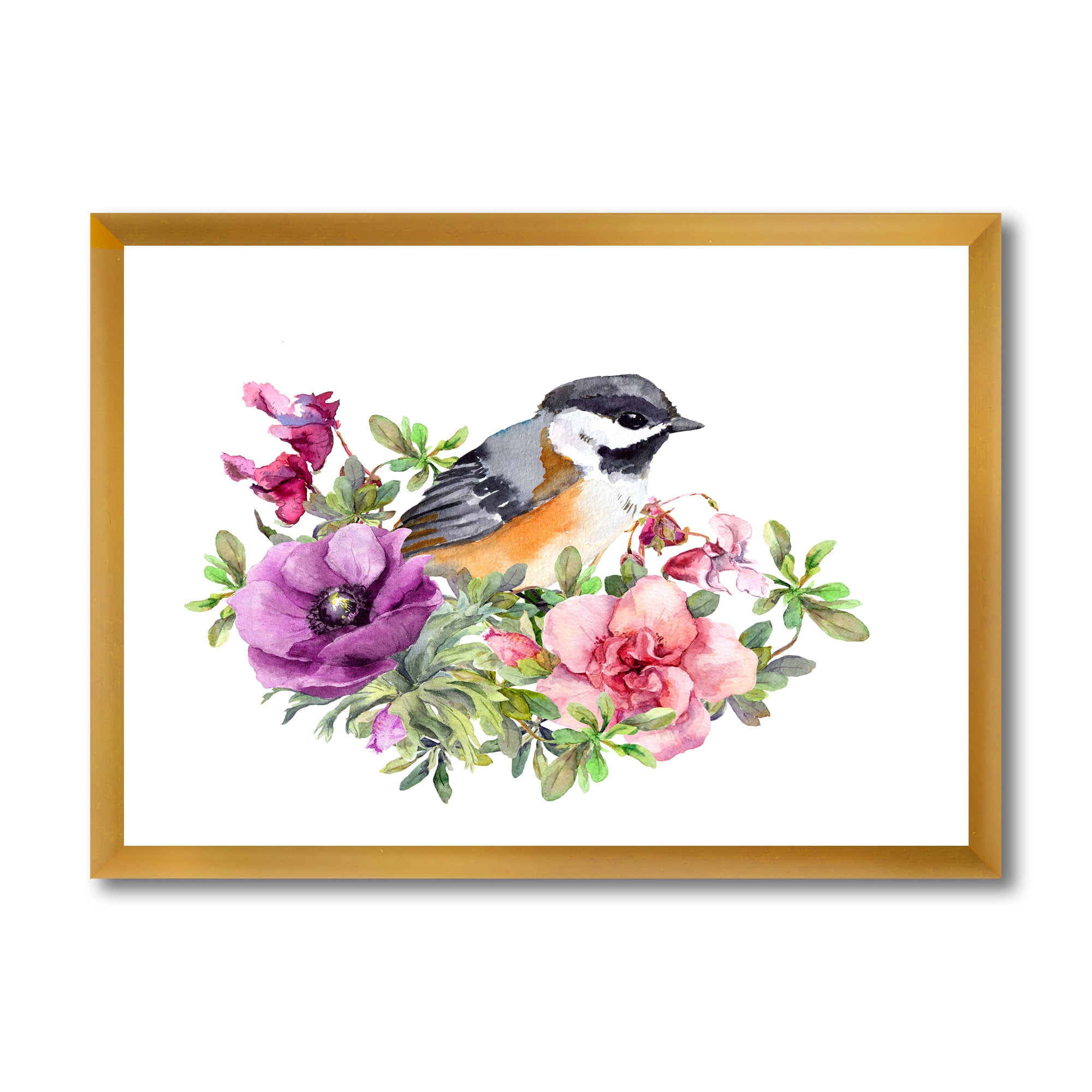 Designart 'Cute Bird In Purple and Pink Flowers' Traditional Framed Art Print