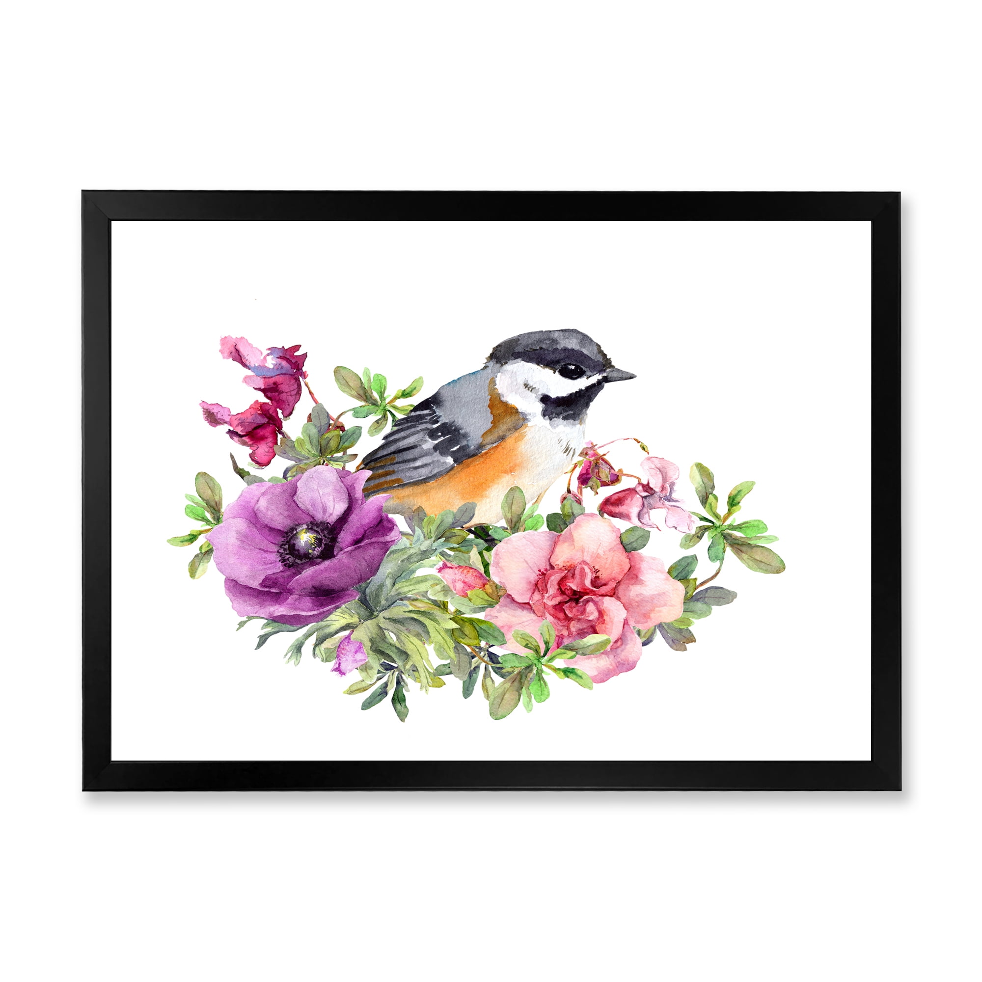Designart 'Cute Bird In Purple and Pink Flowers' Traditional Framed Art Print