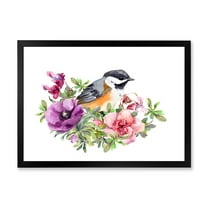 Designart 'Cute Bird In Purple and Pink Flowers' Traditional Framed Art Print