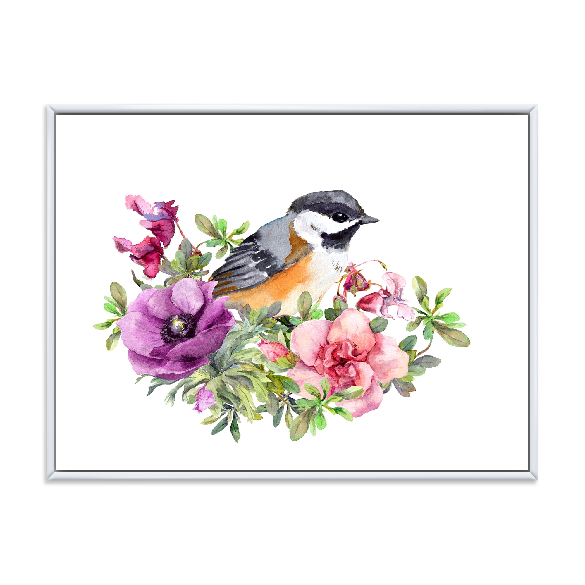 Designart 'Cute Bird In Purple and Pink Flowers' Traditional Framed Canvas Wall Art Print