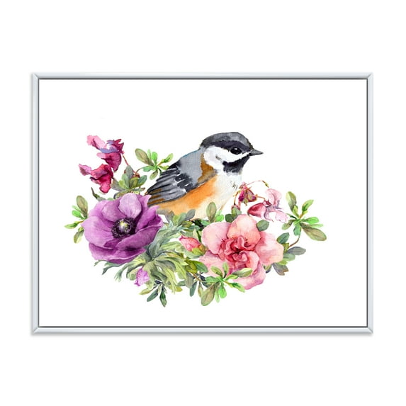 Designart 'Cute Bird In Purple and Pink Flowers' Traditional Framed Canvas Wall Art Print