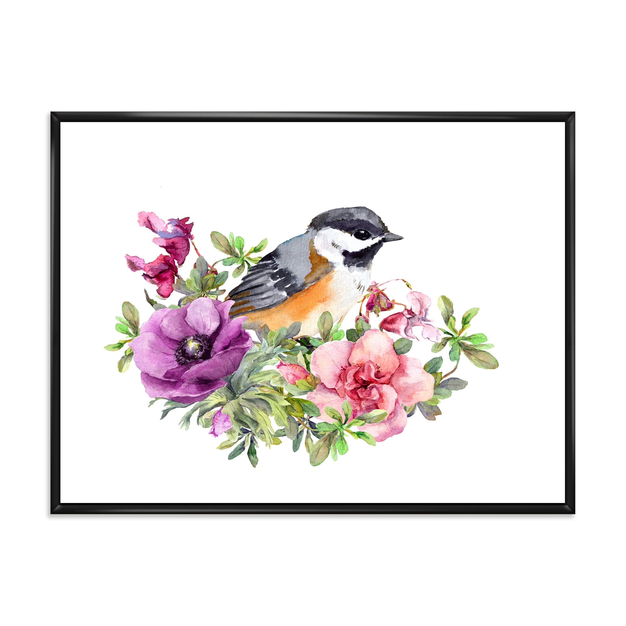 Designart 'Cute Bird In Purple and Pink Flowers' Traditional Framed Canvas Wall Art Print