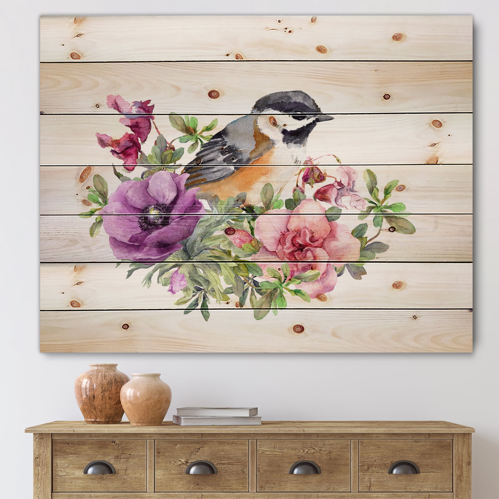 Designart 'Cute Bird In Purple and Pink Flowers' Traditional Print on Natural Pine Wood