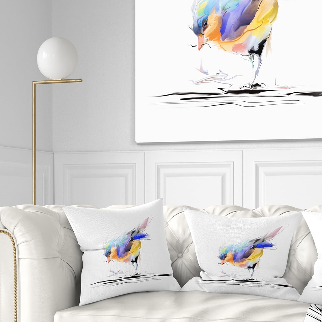 Designart Cute Bird in Purple and Yellow - Watercolor Painting Throw Pillow - 16x16