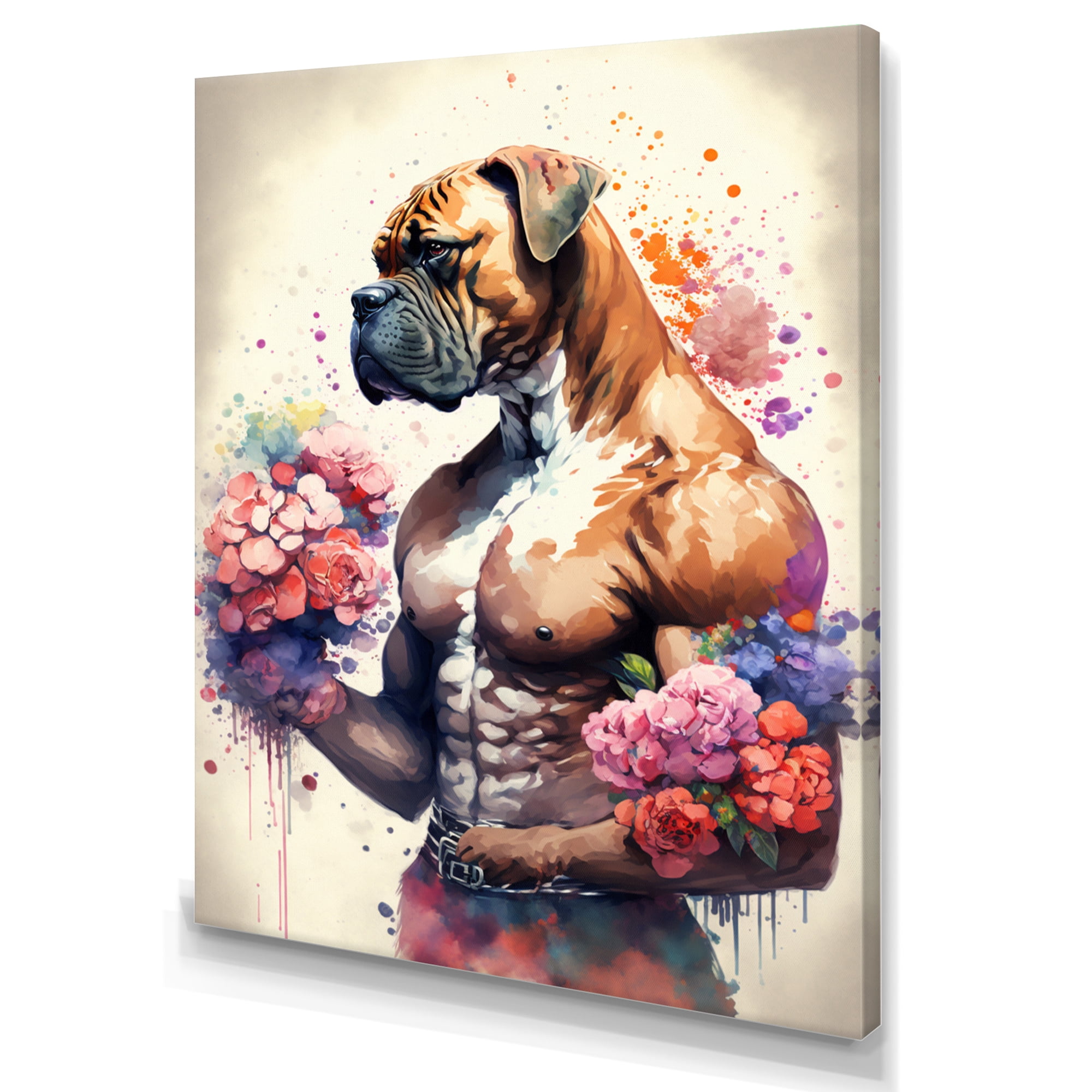 Designart Cute Boxers Floral Art Canvas Wall Art