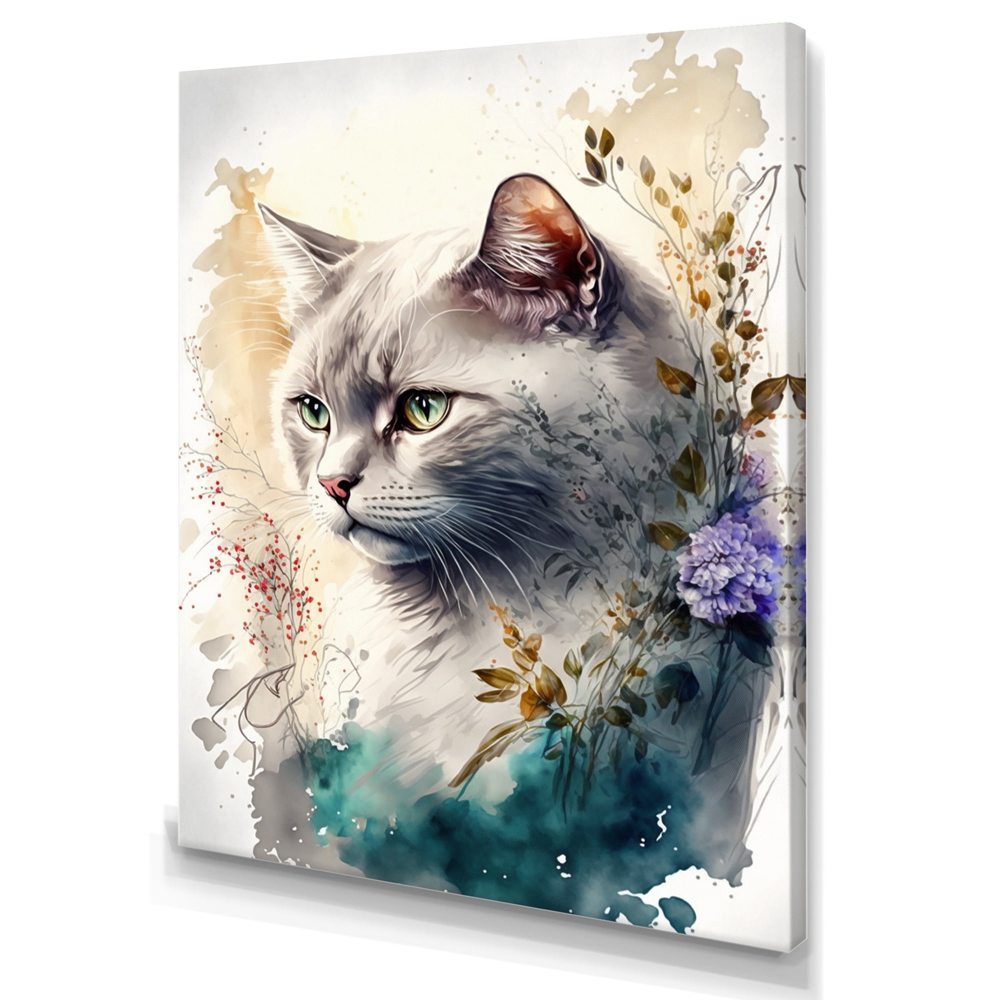 Designart Cute British Cat Floral Art II Canvas Wall Art